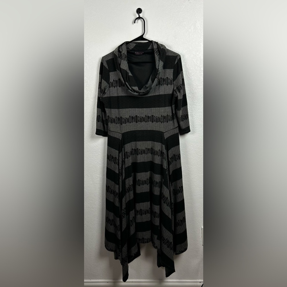 Signature Women’s Cato Black  Gray Cowl Neck Asymmetrical Dress Sz L 3/4 Sleeve